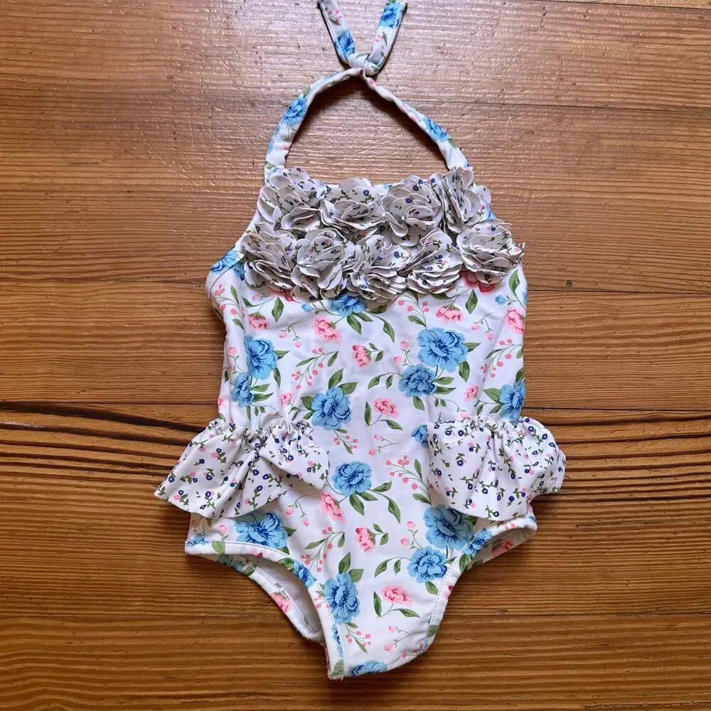 Mudpie Baby‎ white floral halter ruffle one piece swimsuit SIZE 12M
